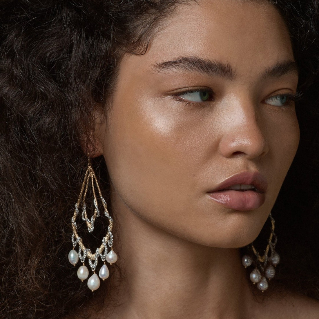 Tania Claire Australia Tears of the Moon earrings: 14K gold plated sterling silver chandelier earrings with freshwater pearls.