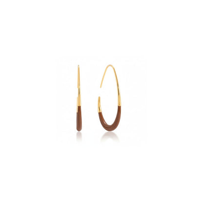Tania Claire Australia Terra Drop earrings: gold-toned hoops with brown high-gloss enamel inlay, 40mm long.