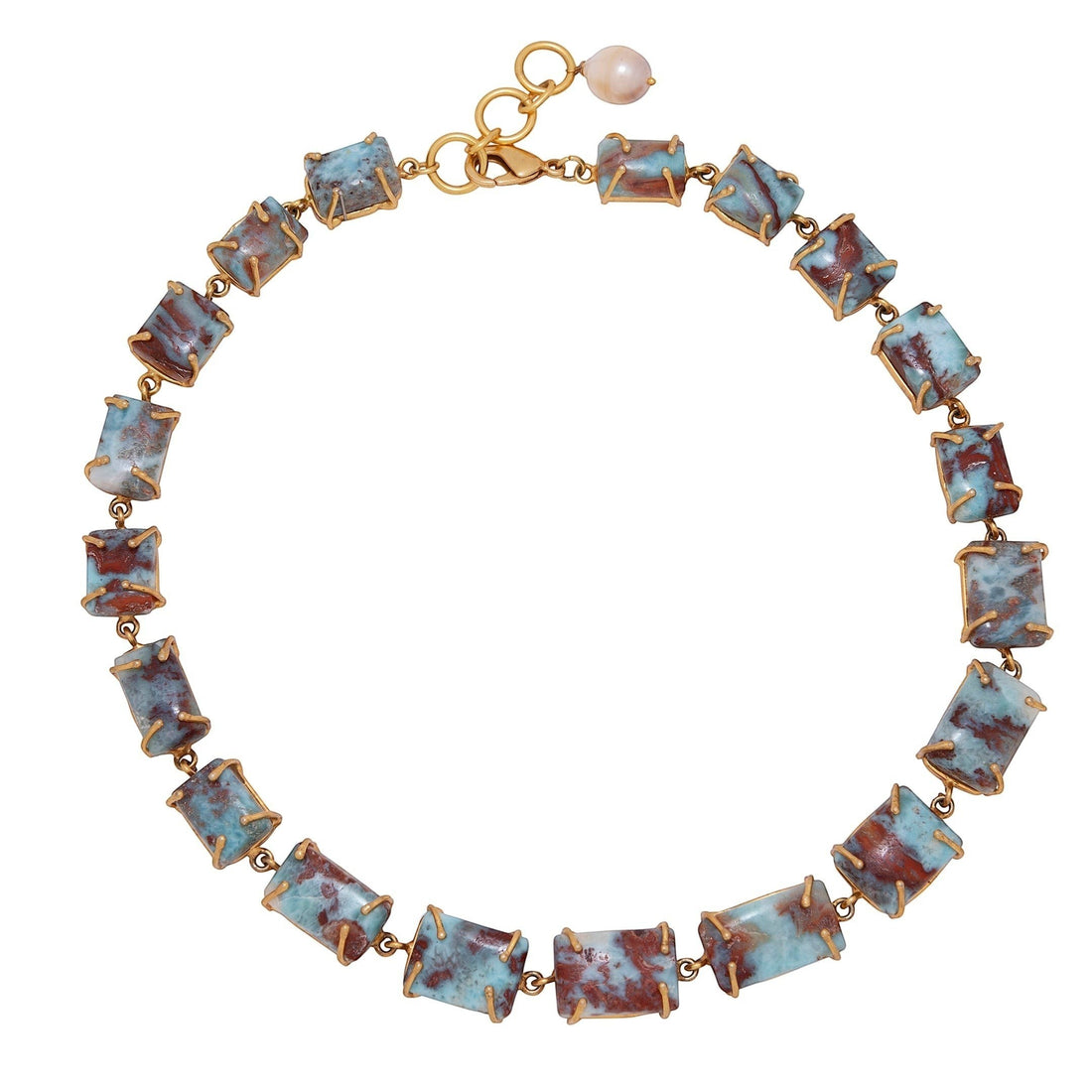 Tania Claire Australia Theia Necklace with rectangular Turquoise sky blue and rust stones, gold-tone metal, and pearl accent.
