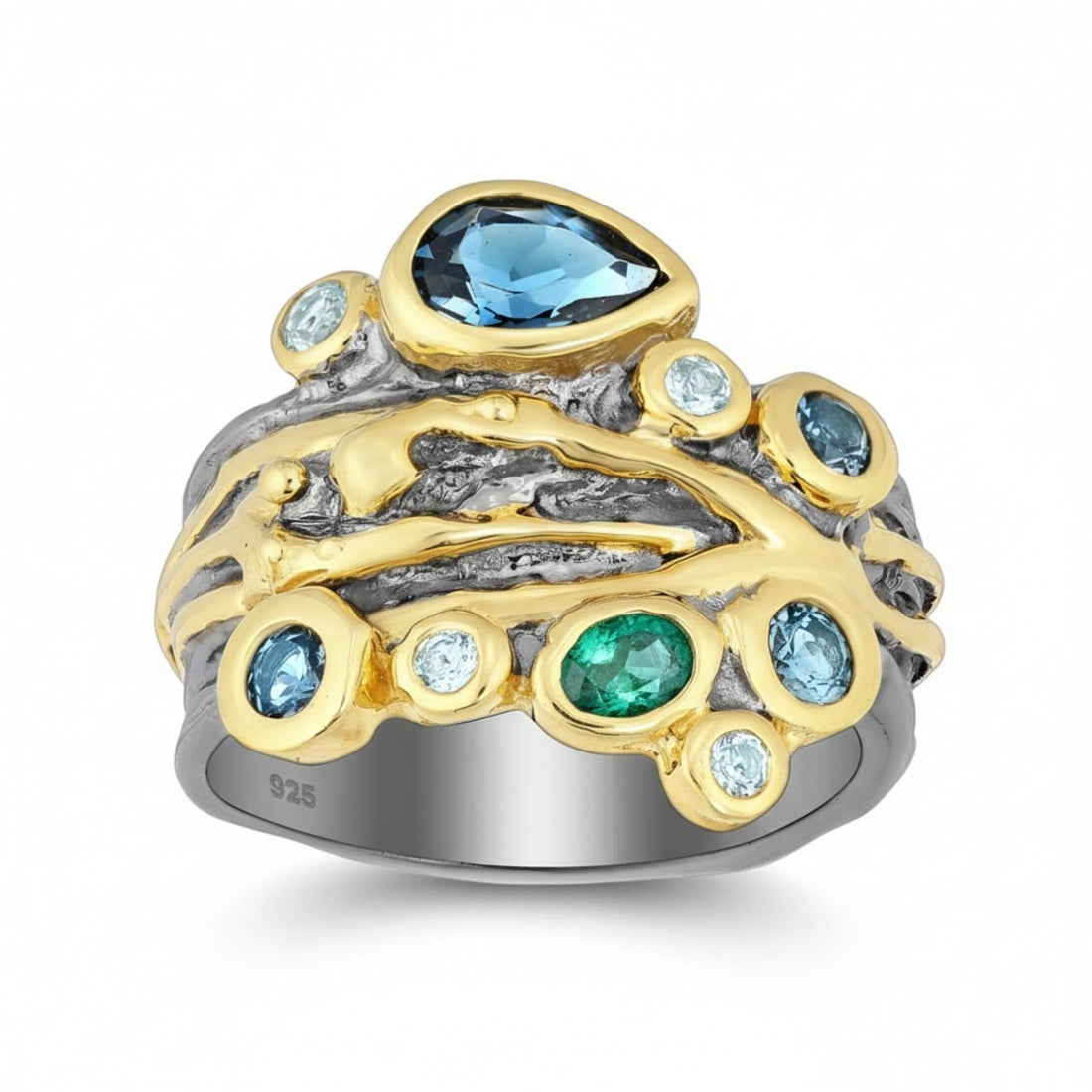 Tania Claire Australia Tidal Relic Ring featuring blue topaz, emerald, and molten gold on textured sterling silver.
