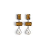 Tania Claire Australia Iris pearl drop earrings featuring rectangular tiger eye stones set in sterling silver.