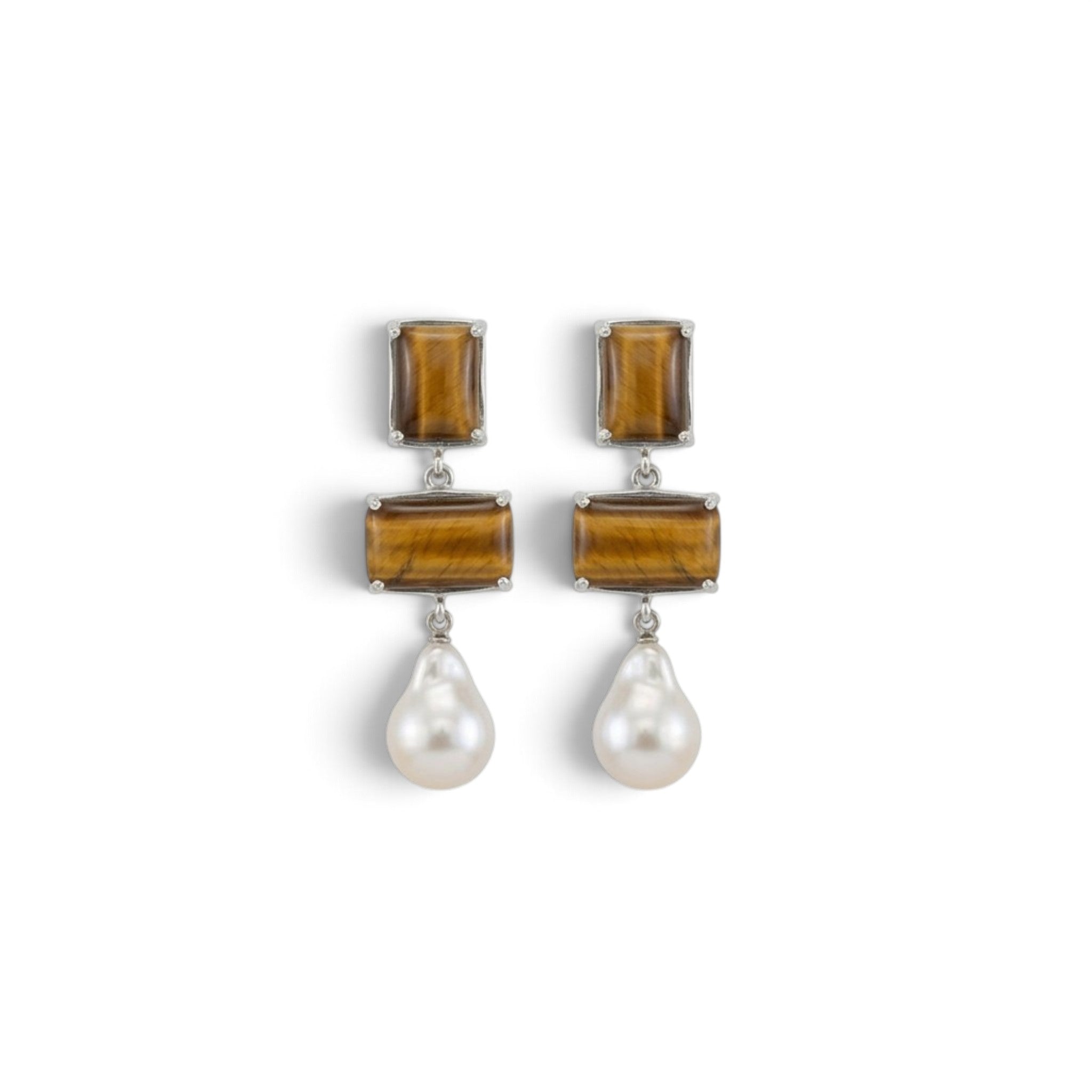 Tania Claire Australia Iris pearl drop earrings featuring rectangular tiger eye stones set in sterling silver.