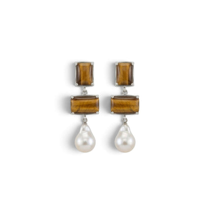 Tania Claire Australia Iris pearl drop earrings featuring rectangular tiger eye stones set in sterling silver.