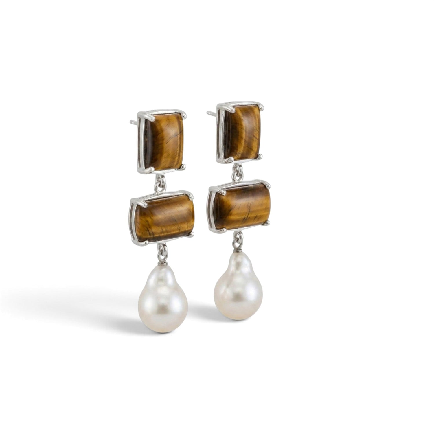 Tania Claire Australia Iris pearl drop earrings featuring rectangular tiger eye stones set in sterling silver.