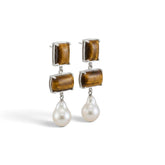 Tania Claire Australia Iris pearl drop earrings featuring rectangular tiger eye stones set in sterling silver.