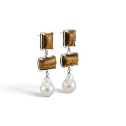 Tania Claire Australia Iris pearl drop earrings featuring rectangular tiger eye stones set in sterling silver.