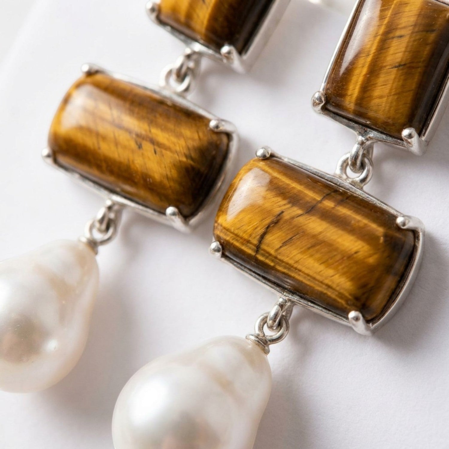 Tania Claire Australia Iris pearl drop earrings featuring rectangular tiger eye stones set in sterling silver.