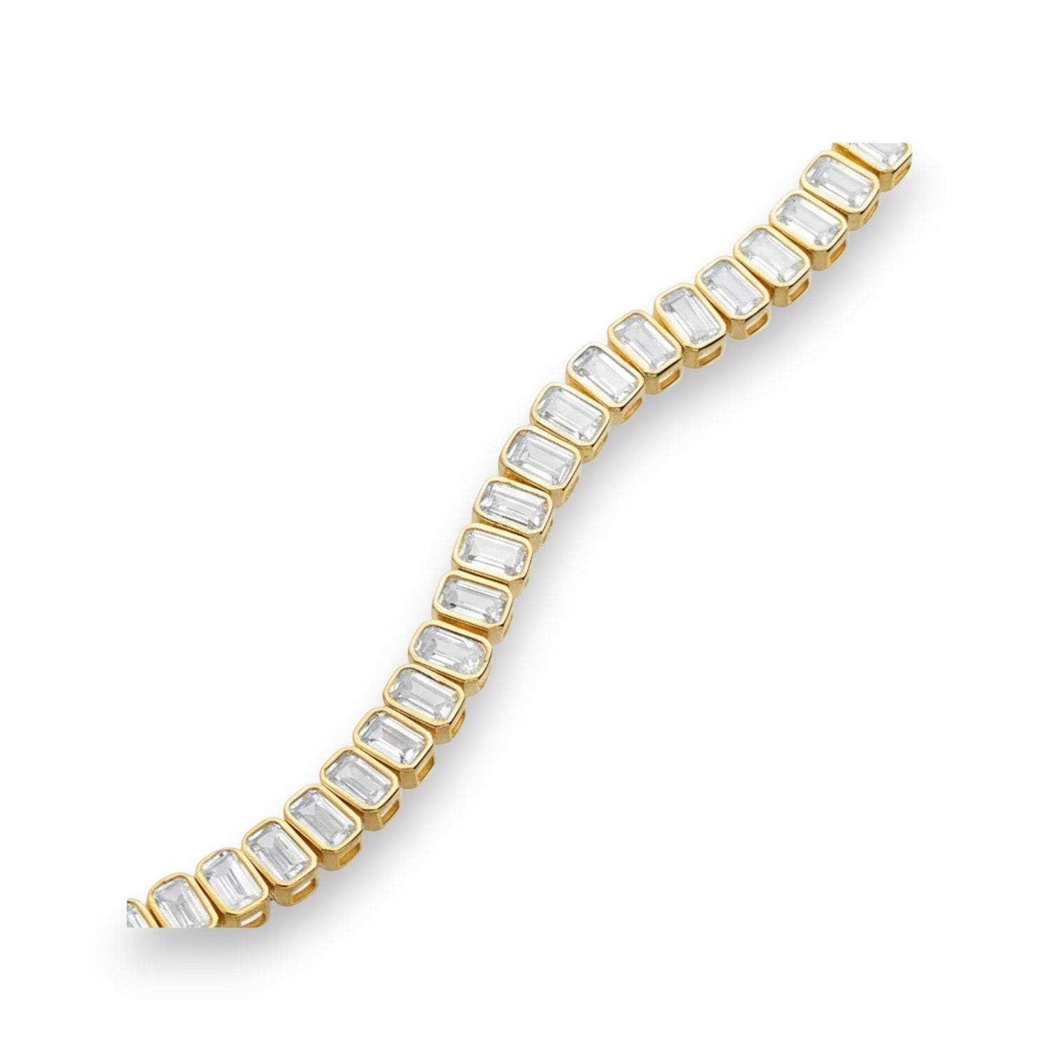 Tania Claire Australia Valentina tennis bracelet with emerald-cut crystals and 14K gold-plated sterling silver.