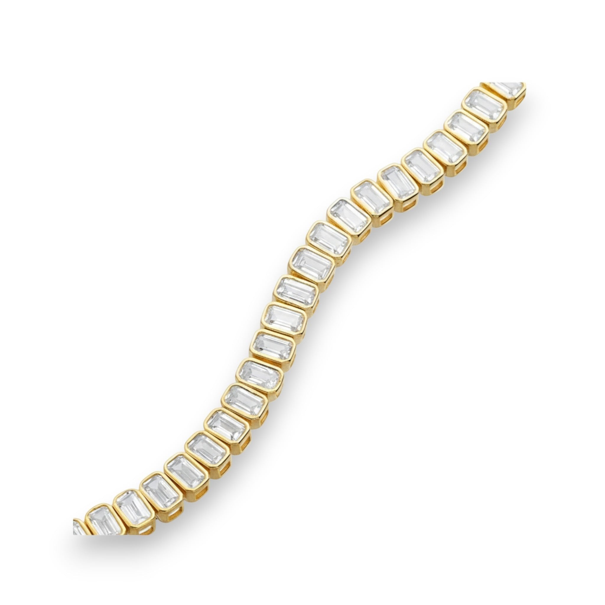 Tania Claire Australia Valentina tennis bracelet with emerald-cut crystals and 14K gold-plated sterling silver.