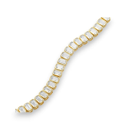 Tania Claire Australia Valentina tennis bracelet with emerald-cut crystals and 14K gold-plated sterling silver.