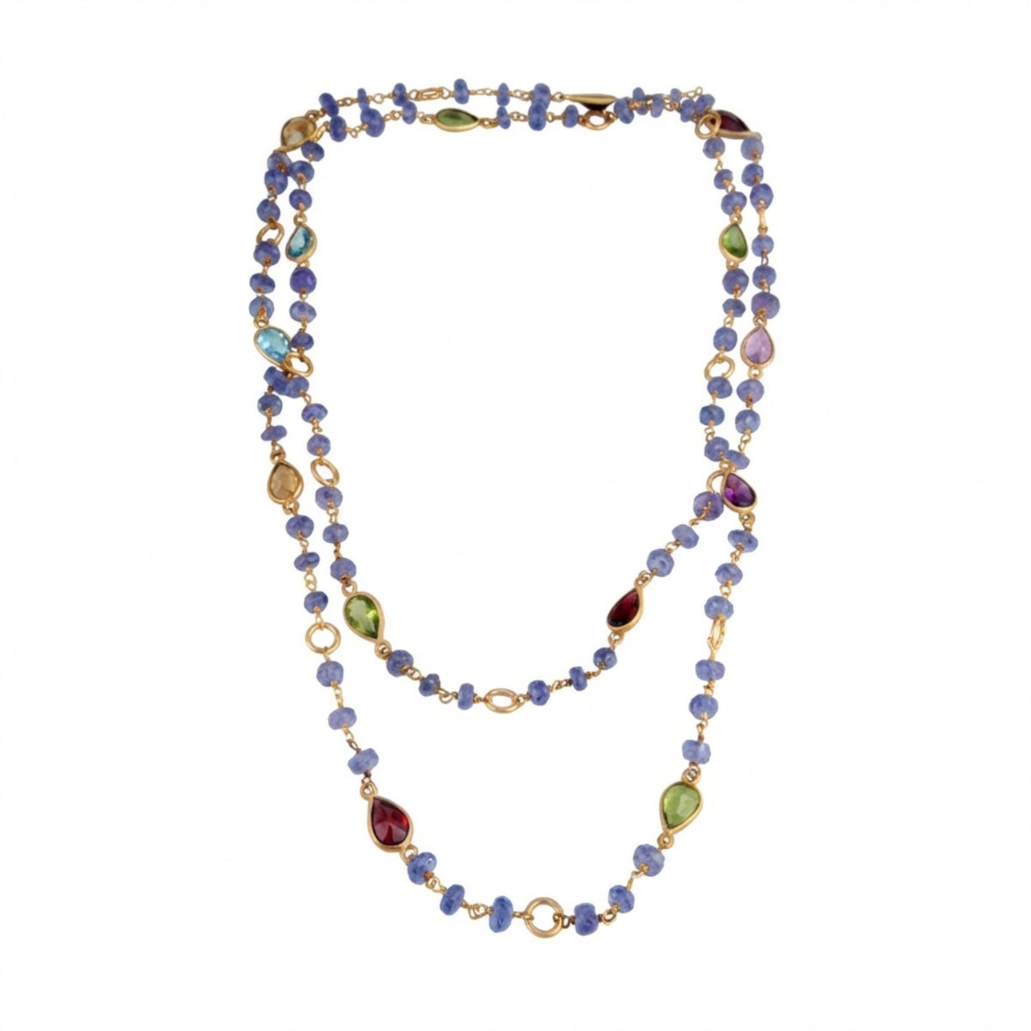 Tania Claire Australia Violet Grove Necklace: gold chain with amethyst, citrine, peridot, blue topaz, garnet pear gems &amp; tanzanite beads.