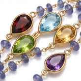 Tania Claire Australia Violet Grove Necklace with gold chain, pear-shaped amethyst, citrine, peridot, blue topaz, garnet, and tanzanite beads.