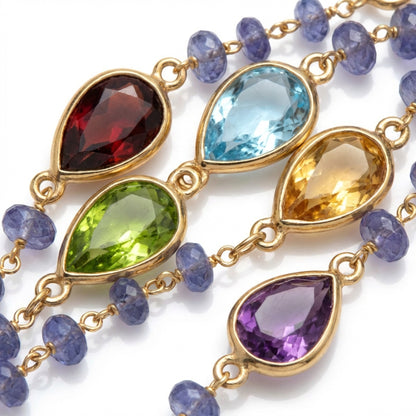 Tania Claire Australia Violet Grove Necklace with gold chain, pear-shaped amethyst, citrine, peridot, blue topaz, garnet, and tanzanite beads.