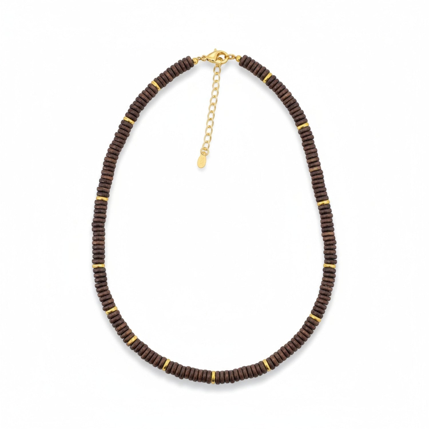 Tania Claire Australia dark brown wood bead necklace with gold accents and extender chain.