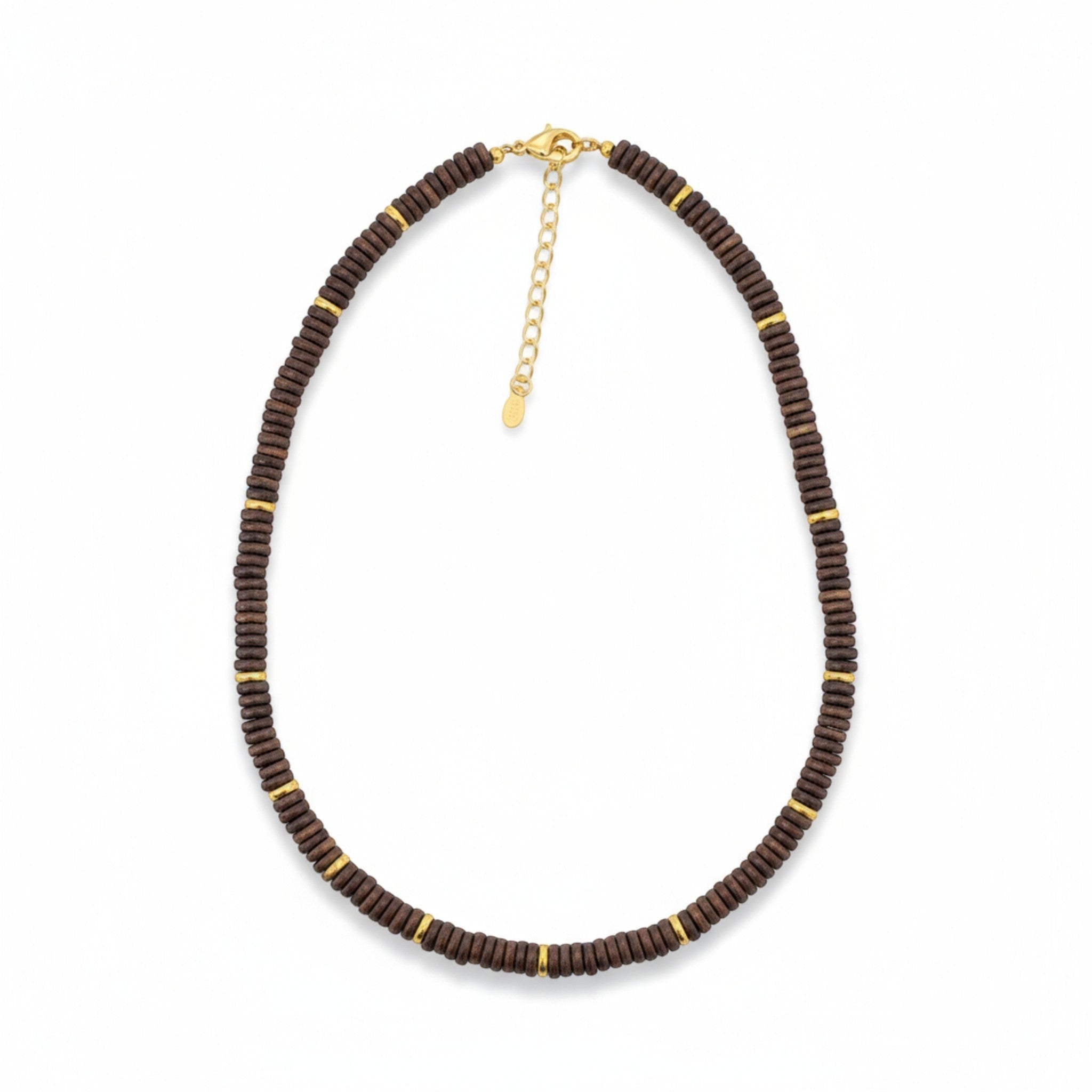Tania Claire Australia dark brown wood bead necklace with gold accents and extender chain.