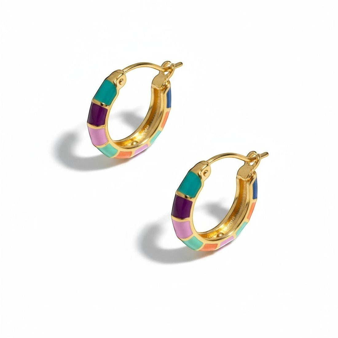 Tania Claire Australia Mosaic Joy Hoops: gold-plated brass hoops with colourful teal, violet, blush, and orange tiles.