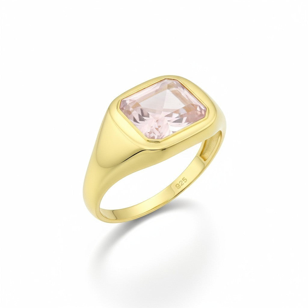 Tania Claire Australia gold signet ring with a square-cut rose quartz gemstone. Polished finish.