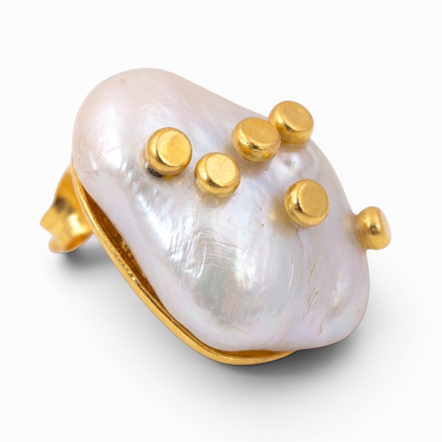 Tania Claire Australia Tide Mark baroque pearl earrings with gold-tone studs. Unique organic shape, iridescent white pearl.