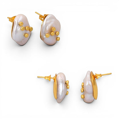 Tania Claire Australia Tide Mark baroque pearl and gold plated brass stud earrings. Asymmetrical organic shape with gold accents.